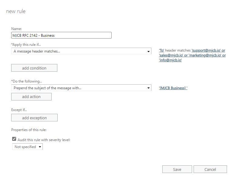 Completed mail flow rule