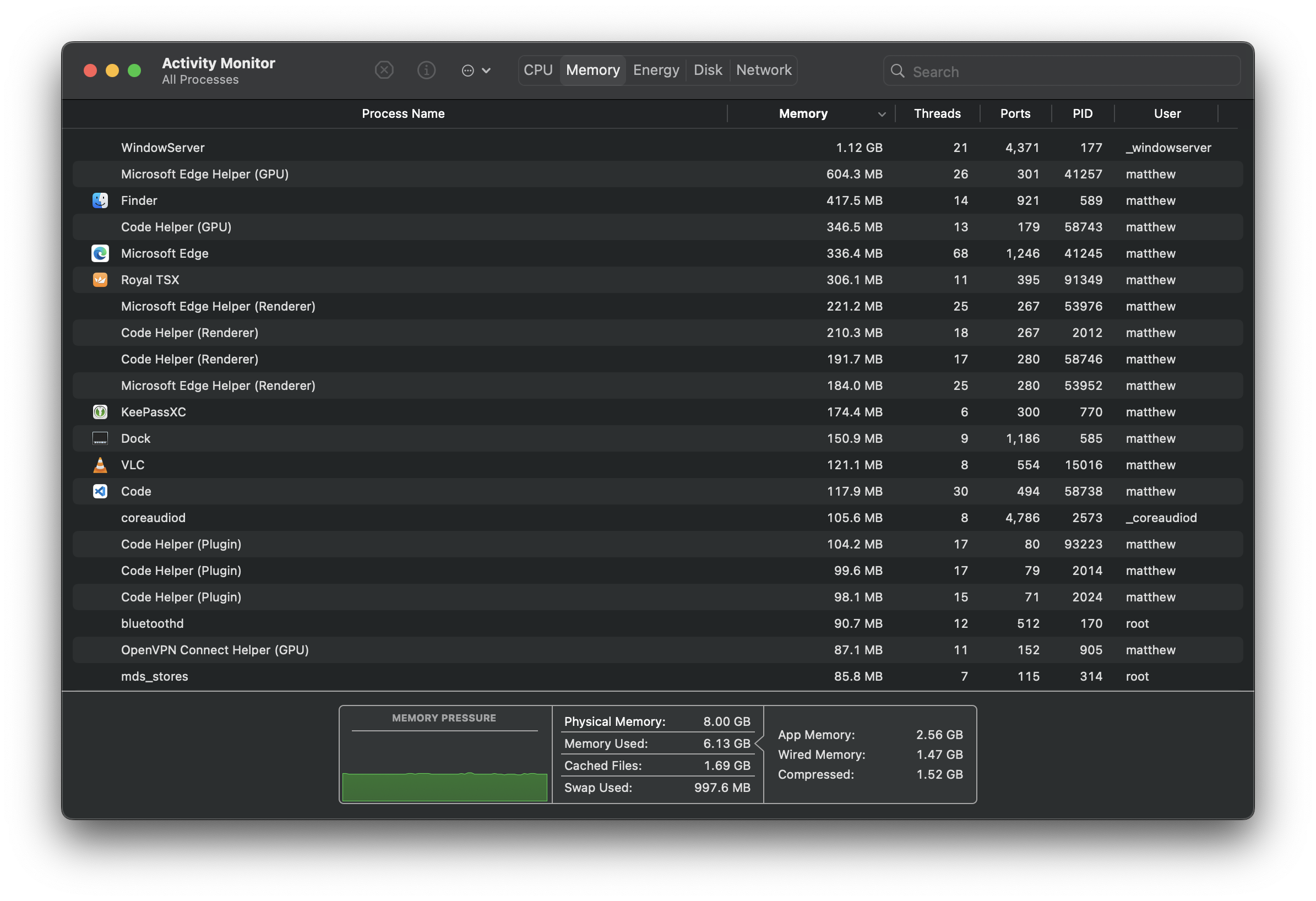 Activity Monitor showing the memory usage on the MacBook Air.