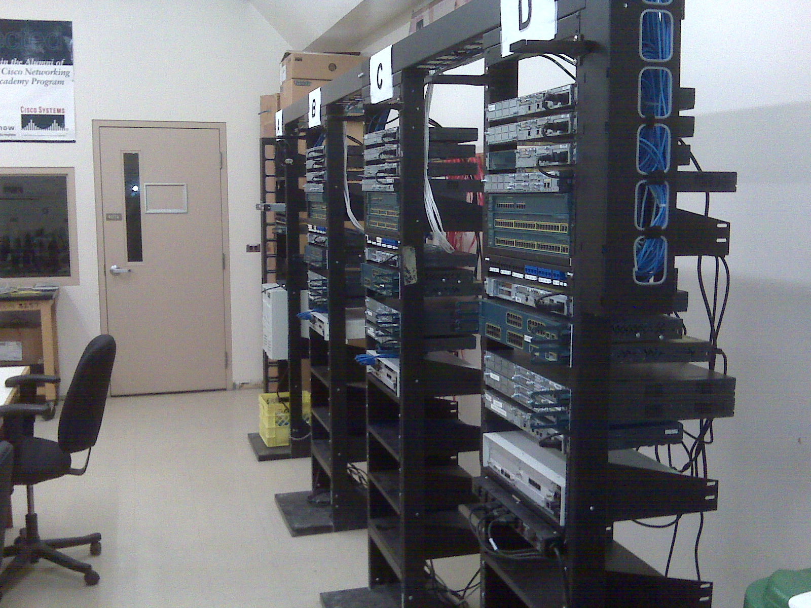 Cisco classroom network racks and hardware.