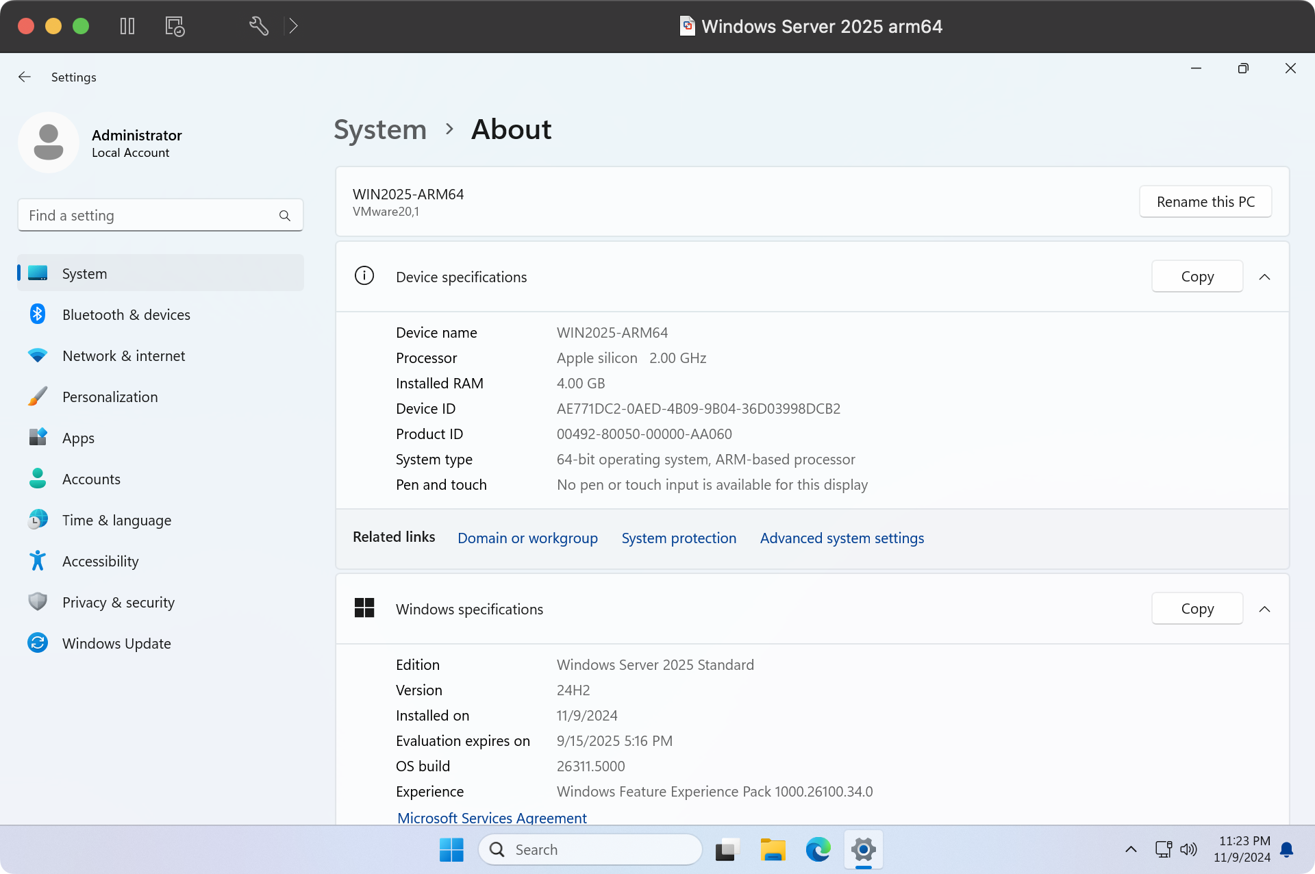 The system information for Windows Server 2025 running on ARM using VMware Fusion Professional 13.6.1. The Windows build version is 26311.5000, which is a pre-release test version downloaded from UUP Dump.